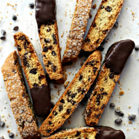 Chocolate chip biscotti dipped in melted milk chocolate.