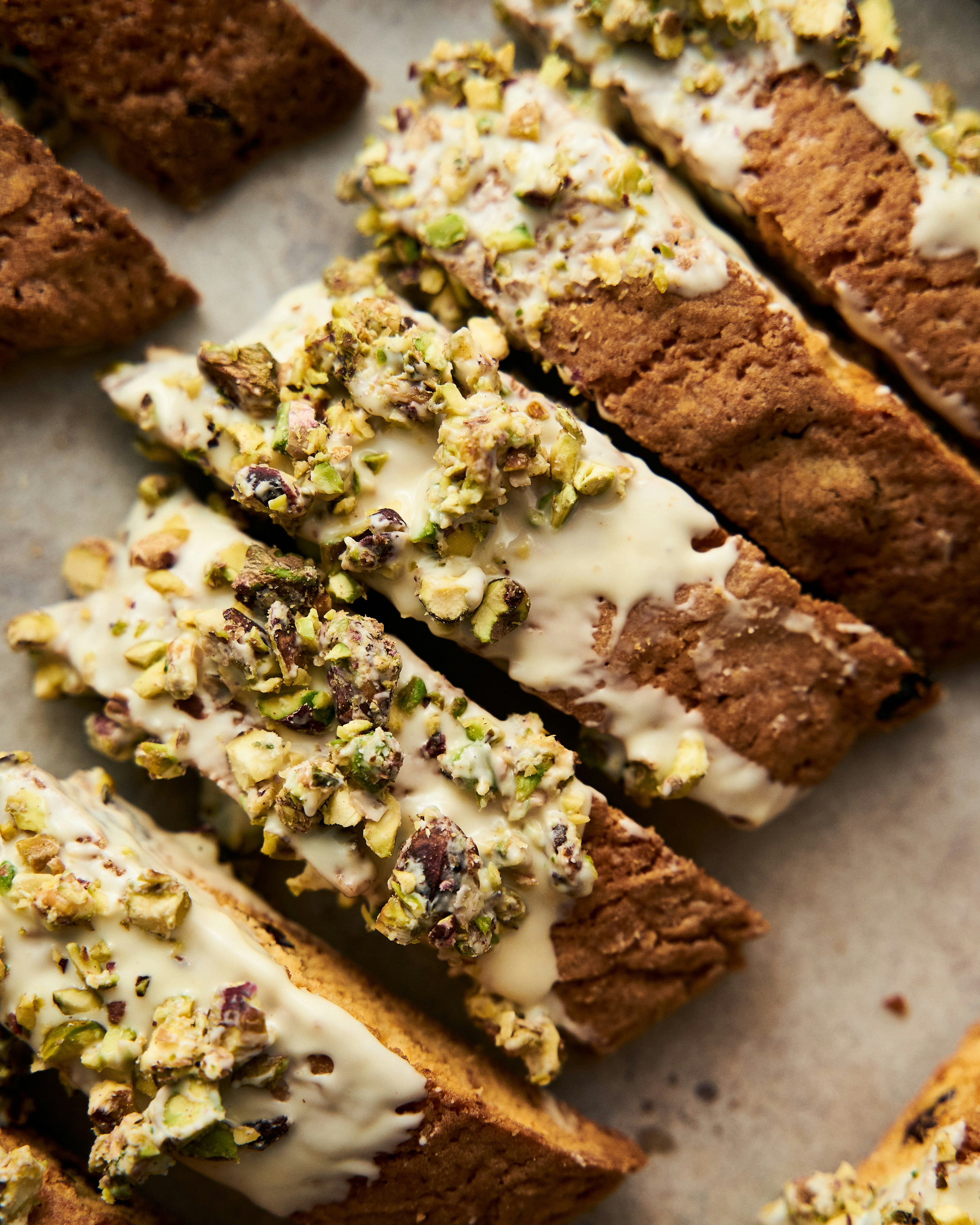 A freshly baked pan of pistachio biscotti.