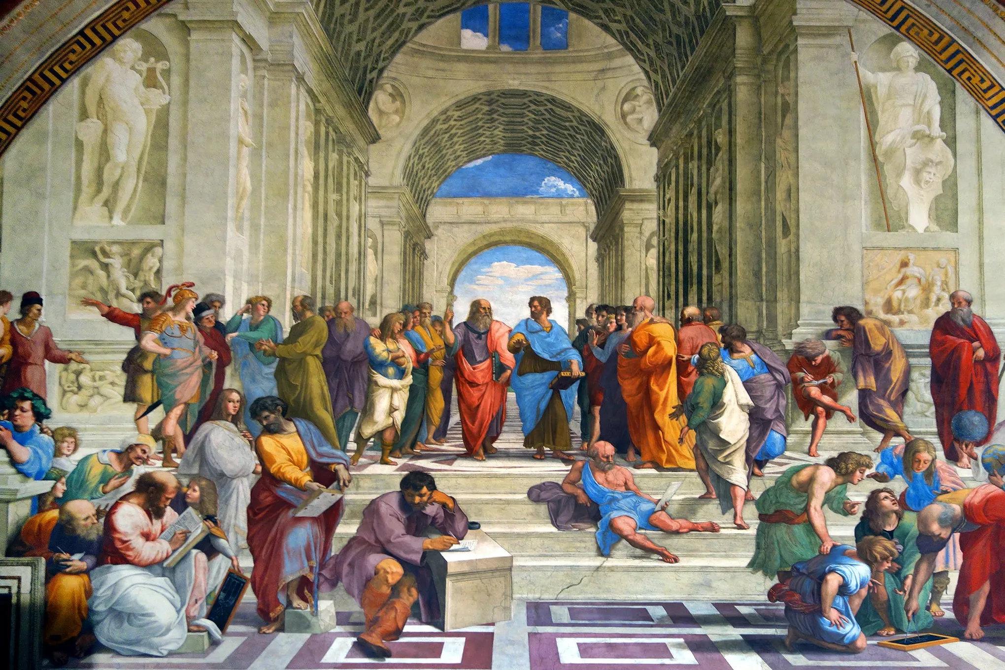 An Italian Renaissance painting of people standing and laying upon the steps.